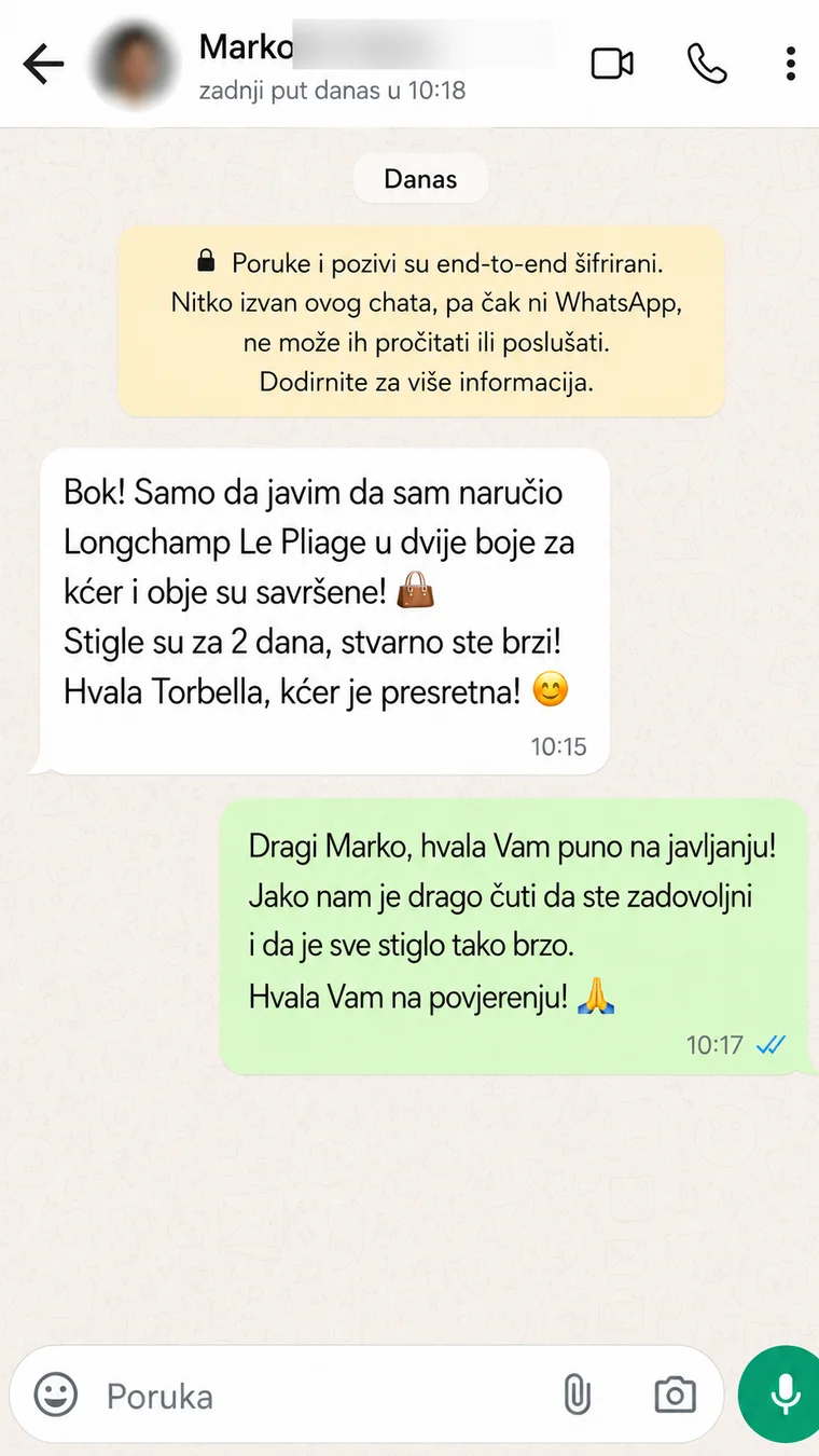 Recenzija, Marko: „Naručio sam Longchamp Le Pliage u dvije boje za kćeri i obje su savršene. Stigle su za dva dana, stvarno ste brzi. Hvala Torbella, kćer je presretna.”