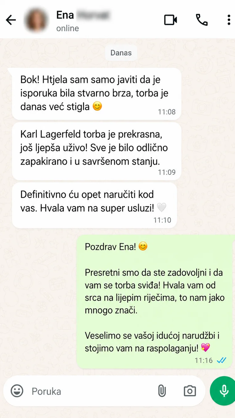 Recenzija, Ena: „Isporuka je bila stvarno brza, torba je danas već stigla. Karl Lagerfeld torba je prekrasna, još ljepša uživo, odlično zapakirana i u savršenom stanju. Definitivno ću opet naručiti kod vas.”