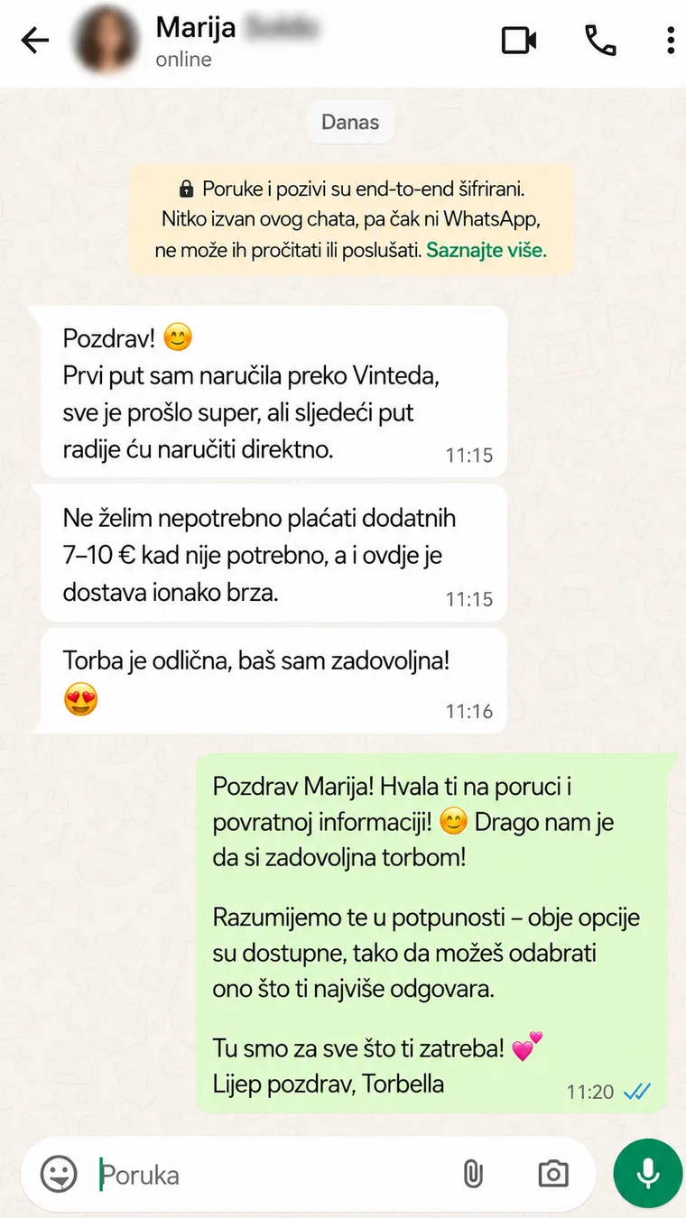 Recenzija, Marija: „Prvi put sam naručila preko Vinteda i sve je prošlo super, ali sljedeći put radije bih naručila izravno. Ne želim nepotrebno plaćati dodatnih 7–10 € kad ne moram, a i dostava je jako brza. Torba je odlična, baš sam zadovoljna.”
